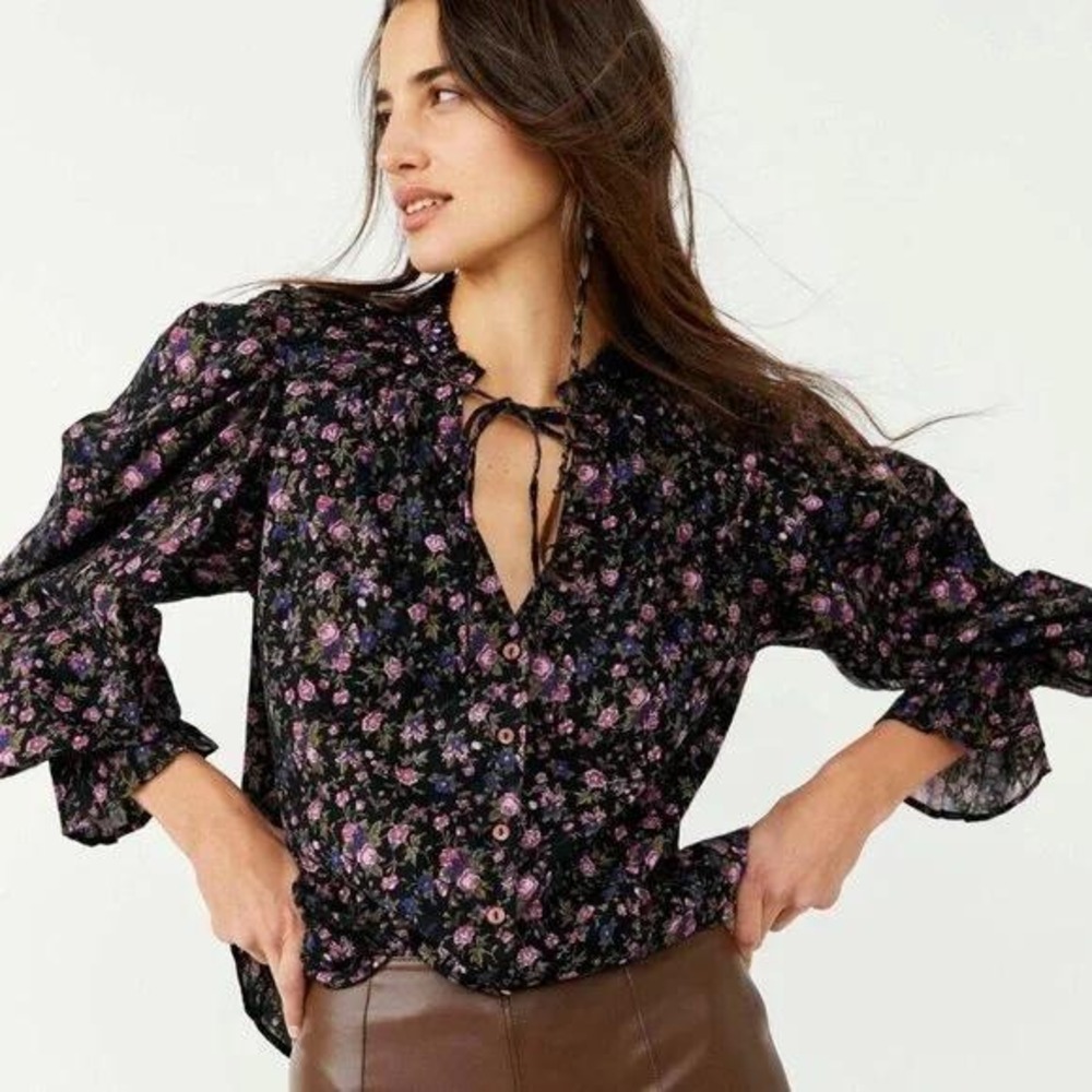 Free People‎ Meant to Be Floral Puff Sleeve Blouse Top Black Pink Womens Small